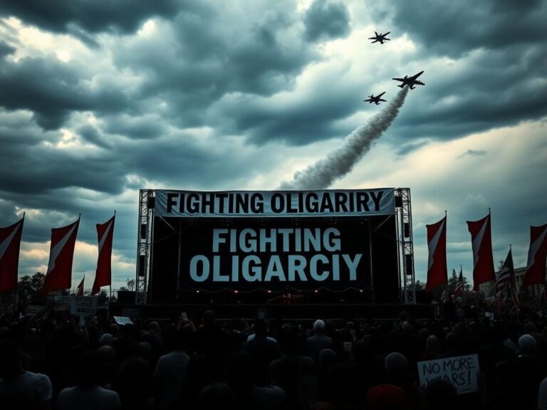 Flick International Empty rally stage with 'Fighting Oligarchy' banner and stormy skies, depicting tension and unrest