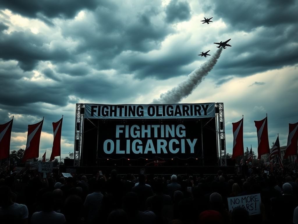 Flick International Empty rally stage with 'Fighting Oligarchy' banner and stormy skies, depicting tension and unrest