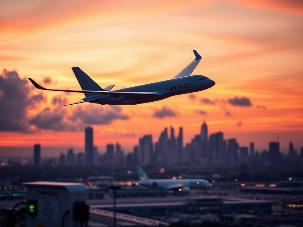 Flick International Sleek electric passenger airplane gliding over New York City skyline at sunset