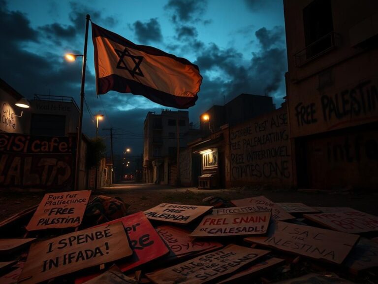 Flick International A broken Israeli flag fluttering in a dark cityscape filled with protest signs