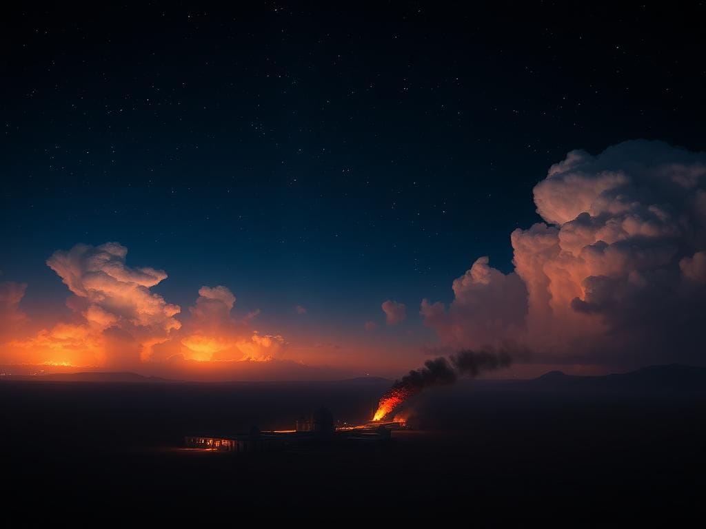 Flick International Dramatic aerial view of Iranian nuclear facility illuminated by explosions