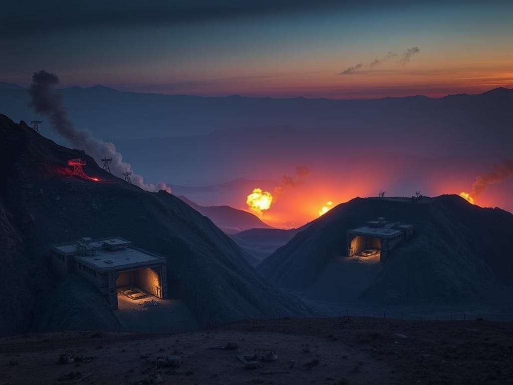 Flick International Aerial view of illuminated underground military facilities in a mountainous landscape