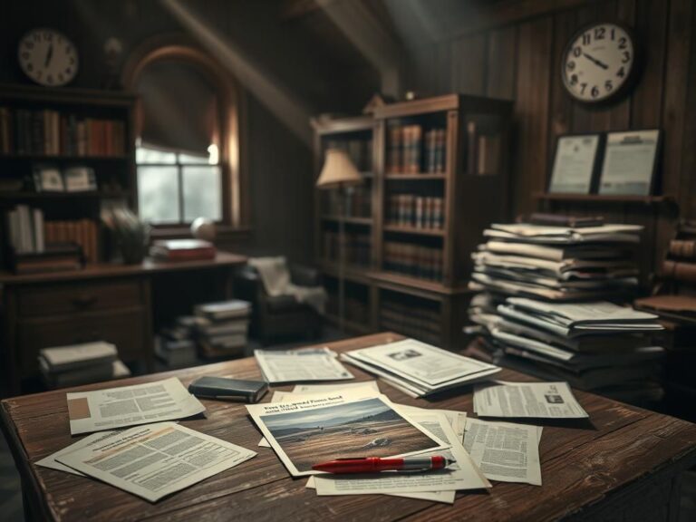 Flick International Pro-life movement office with documents and a serene landscape photograph