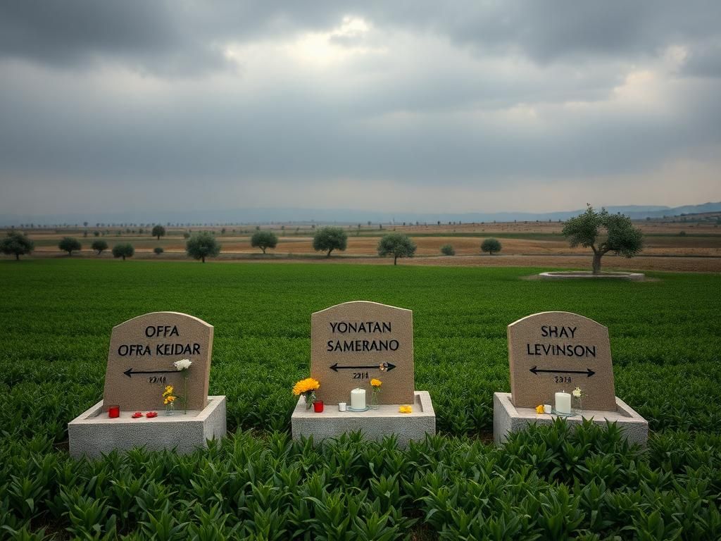 Flick International Memorial markers for recovered hostages in Gaza surrounded by flowers and candles