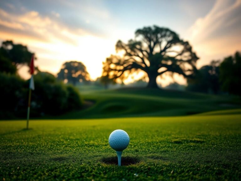 Flick International A serene golf course at dawn with dew on the grass and an iconic oak tree silhouette