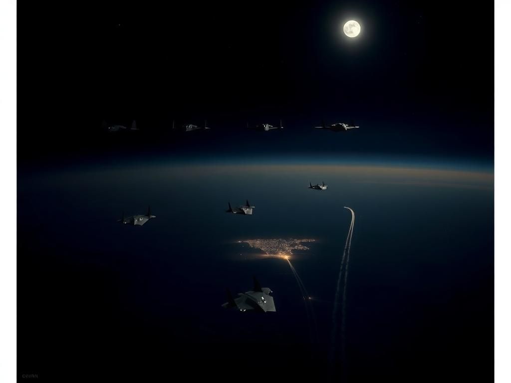 Flick International A nighttime aerial view of the Iranian desert with illuminated nuclear facilities and B-2 stealth bombers in formation