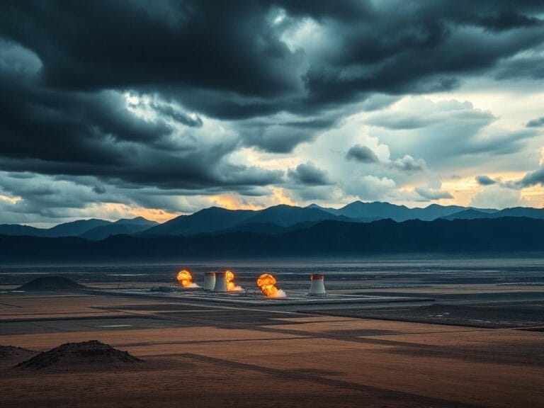 Flick International Aerial view of abstract nuclear facilities against a stormy sky