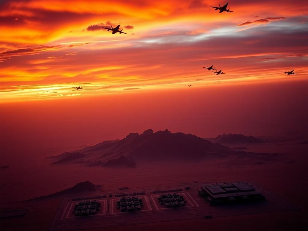 Flick International Aerial view of a desert landscape with fighter jets symbolizing military operations against Iran