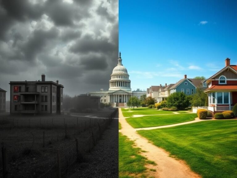 Flick International Contrasting images of a Soviet-era landscape and a vibrant American suburb symbolizing the journey from oppression to freedom.