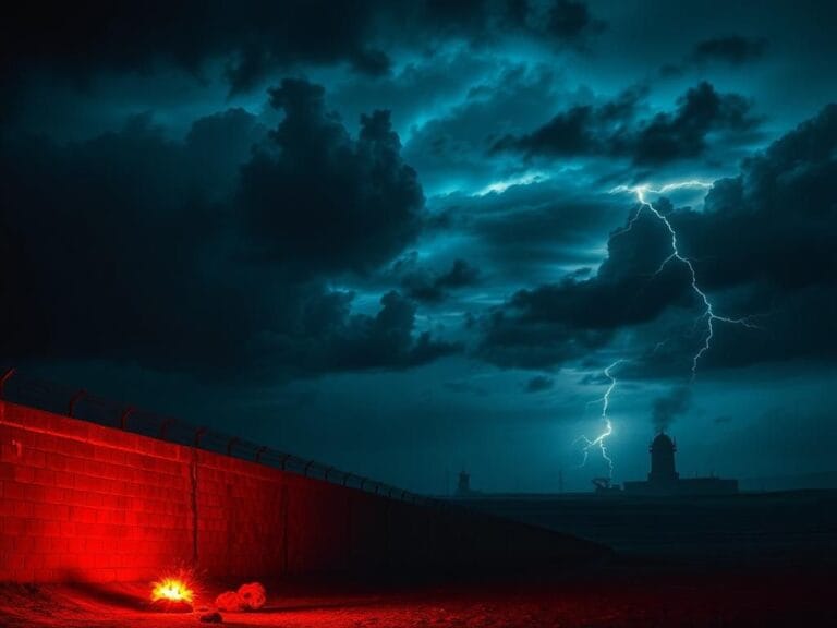 Flick International A dramatic nighttime landscape depicting military tension with a fortified wall and distant explosions