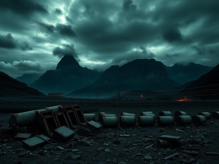 Flick International Military bunker silhouette hidden behind mountains with dramatic clouds