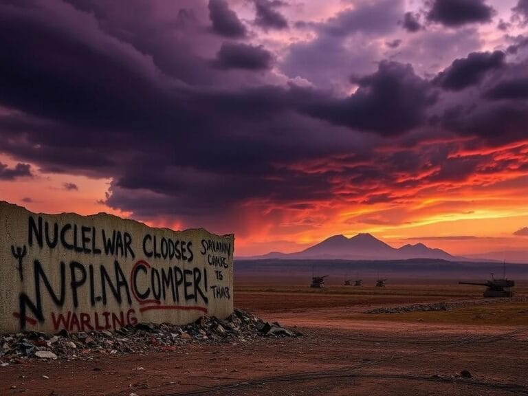 Flick International A crumbling concrete wall with graffiti in a desolate conflict zone landscape