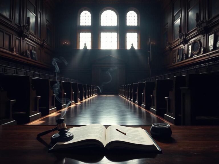 Flick International Shadowy courtroom scene with a gavel and law book symbolizing justice in Diddy's trial