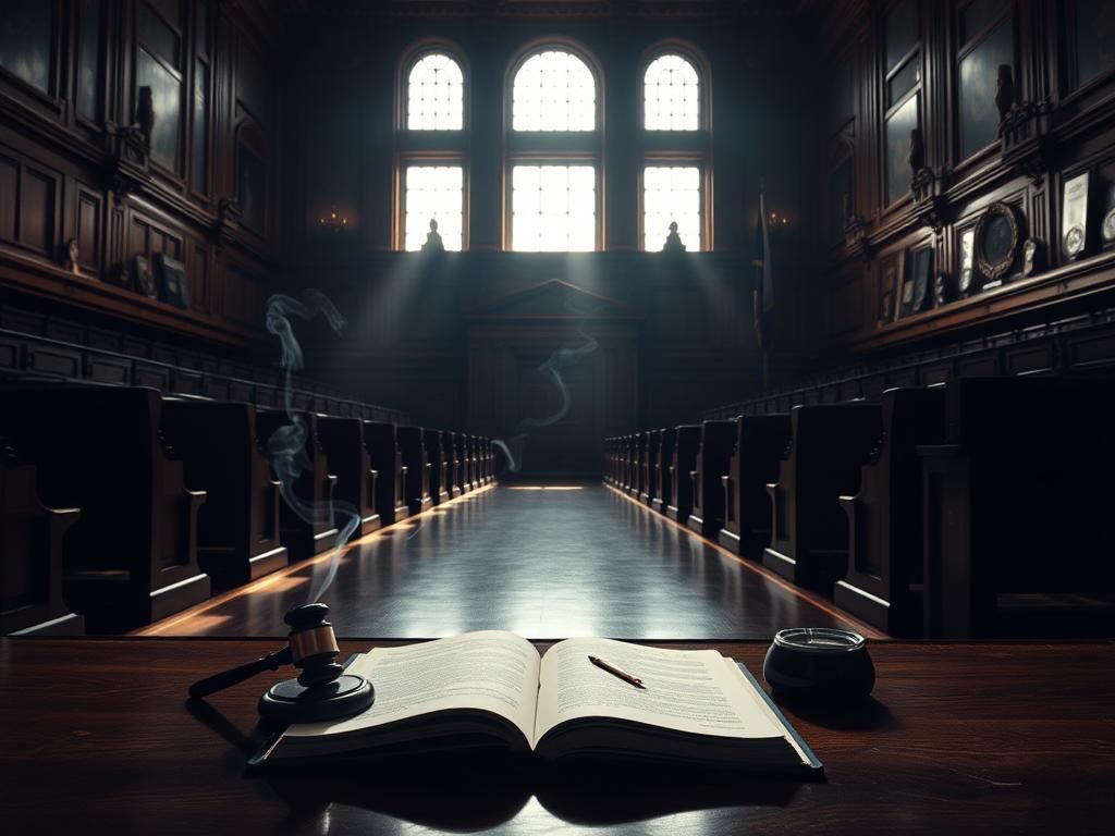 Flick International Shadowy courtroom scene with a gavel and law book symbolizing justice in Diddy's trial