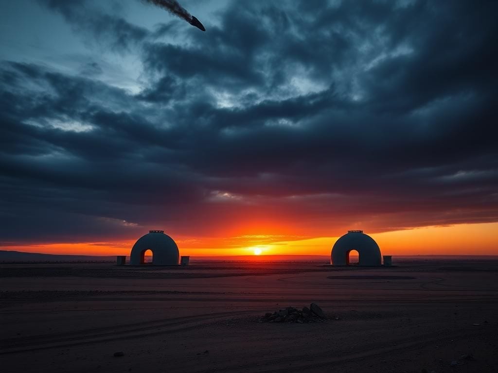 Flick International Aerial view of broken nuclear domes in a desert landscape at twilight