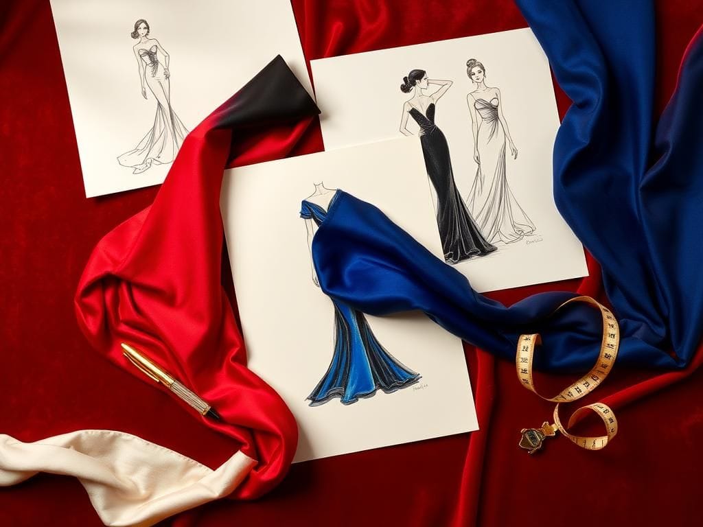 Flick International Luxurious flat lay of elegant fashion sketches and fabric swatches on deep red velvet