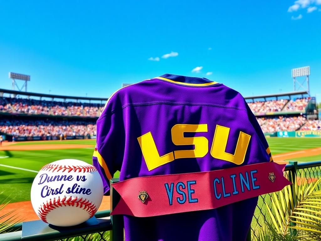 Flick International Colorful LSU Tigers baseball jersey and baseball at a vibrant College World Series event