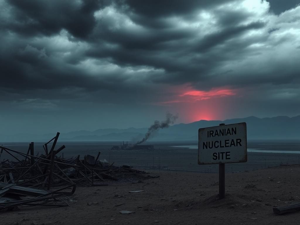 Flick International A desolate view of a damaged Iranian nuclear facility after military strikes, featuring charred ruins and dark storm clouds.