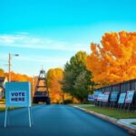 Flick International Suburban landscape of Virginia's 11th Congressional District with autumn foliage and empty voting booth