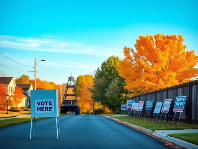 Flick International Suburban landscape of Virginia's 11th Congressional District with autumn foliage and empty voting booth