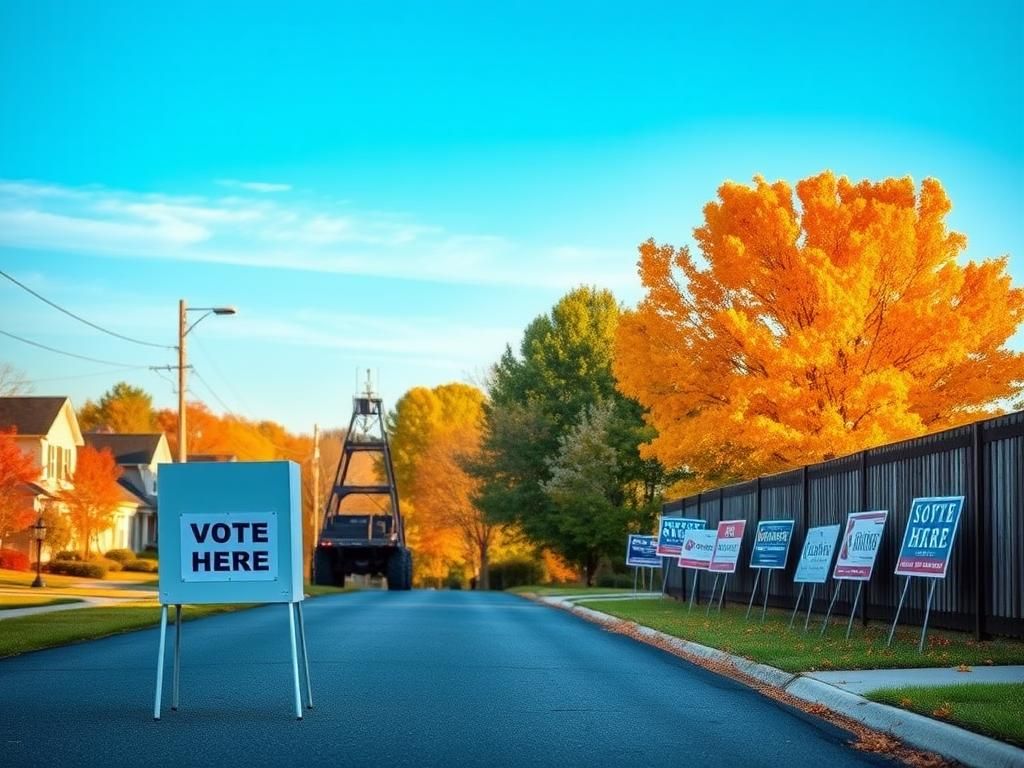 Flick International Suburban landscape of Virginia's 11th Congressional District with autumn foliage and empty voting booth