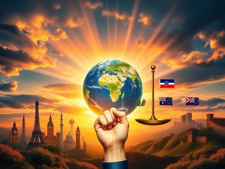 Flick International A powerful landscape showcasing a globe with the United States highlighted, surrounded by iconic landmarks symbolizing global unity.