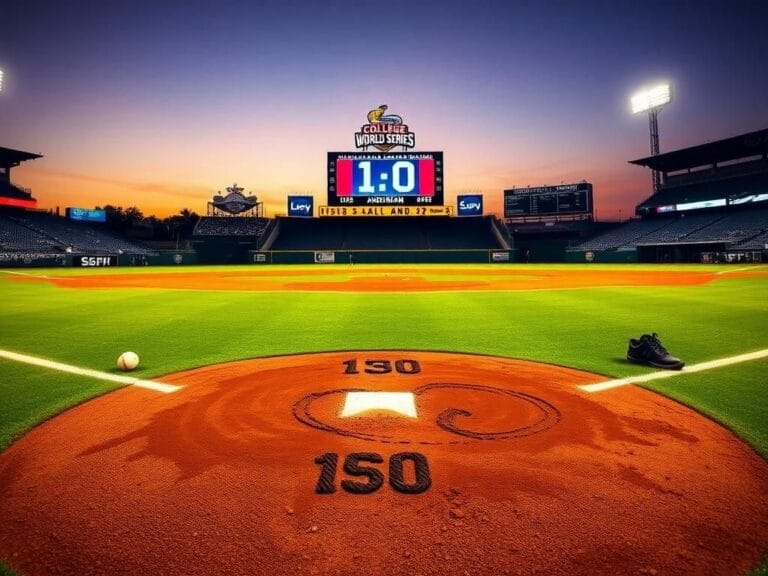 Flick International A dynamic baseball field scene at dusk showcasing home plate with dirt scuffs and a vibrant scoreboard.
