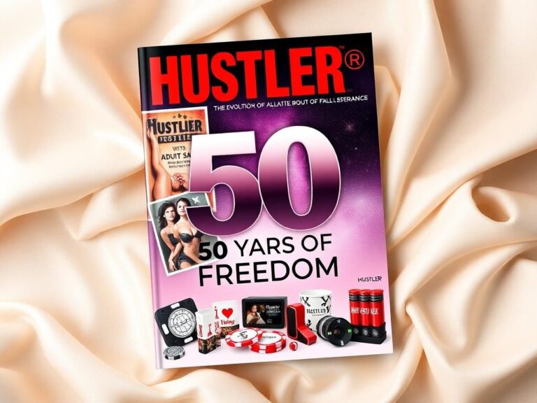 Flick International Elegantly designed magazine cover featuring 'HUSTLER®50: 50 Years of Freedom' with a blend of vintage and modern elements.