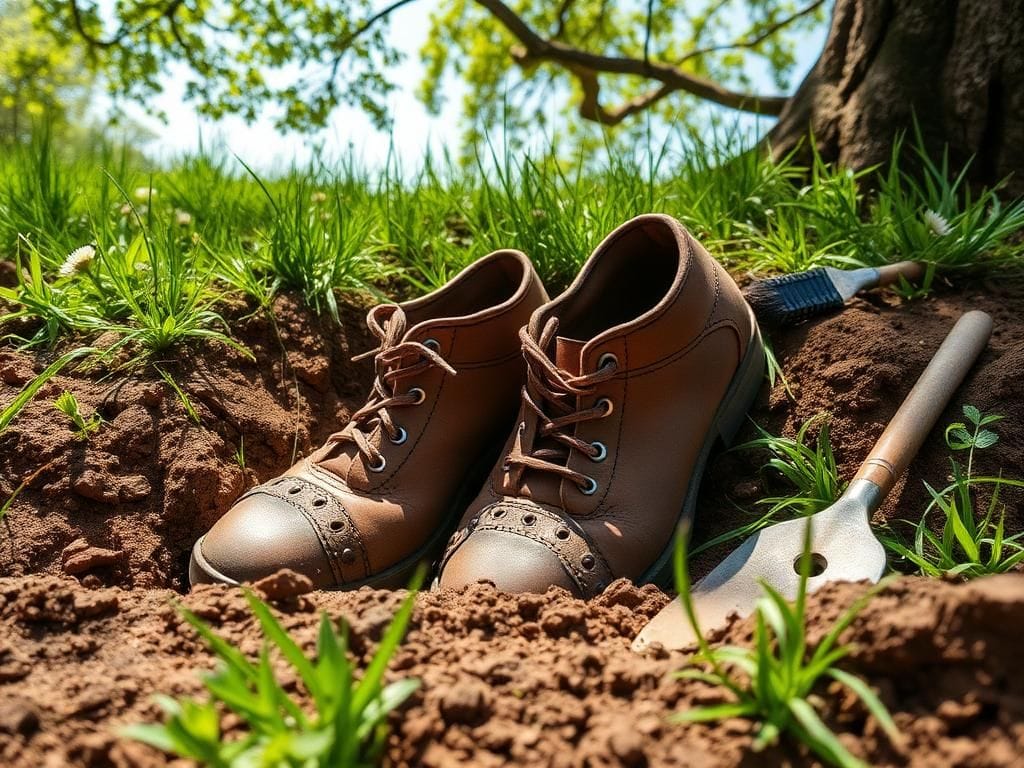 Flick International Close-up of two ancient Roman shoes partially buried in soil at Magna fort