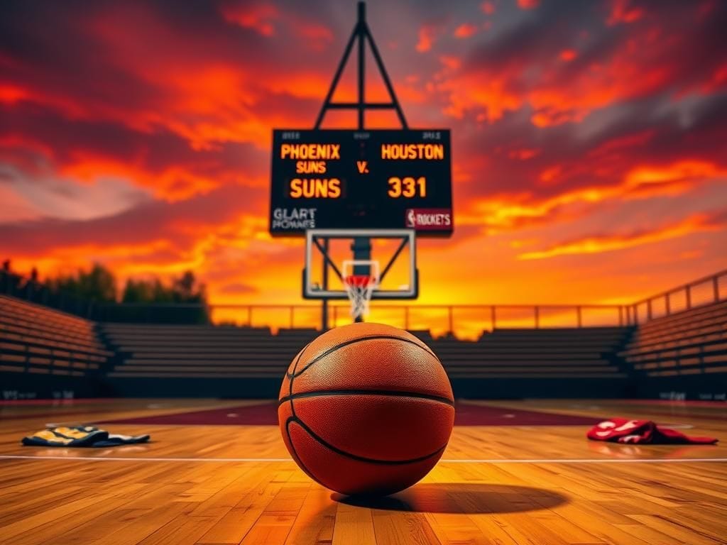 Flick International Basketball court at dusk with scoreboard showing Phoenix Suns vs. Houston Rockets
