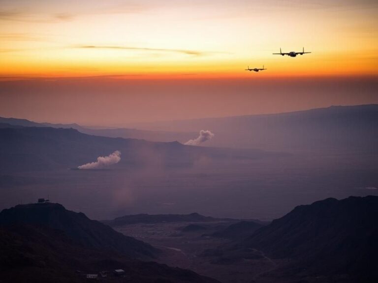 Flick International Aerial view of Middle Eastern landscape at dusk after military strikes
