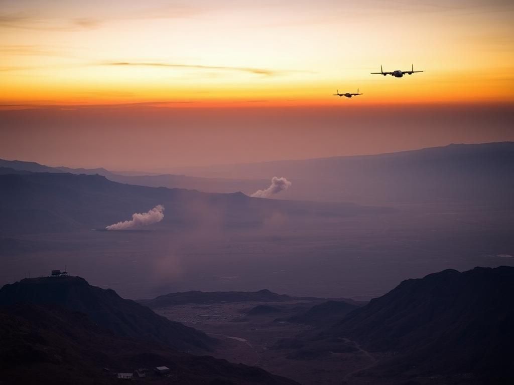 Flick International Aerial view of Middle Eastern landscape at dusk after military strikes