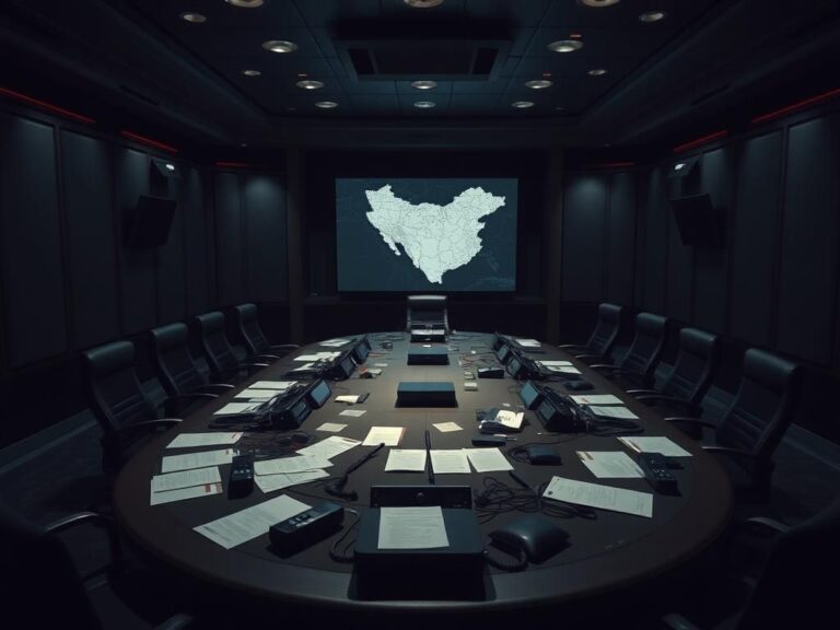 Flick International Dimly lit Situation Room featuring an oval table with communication devices and a map of Iran