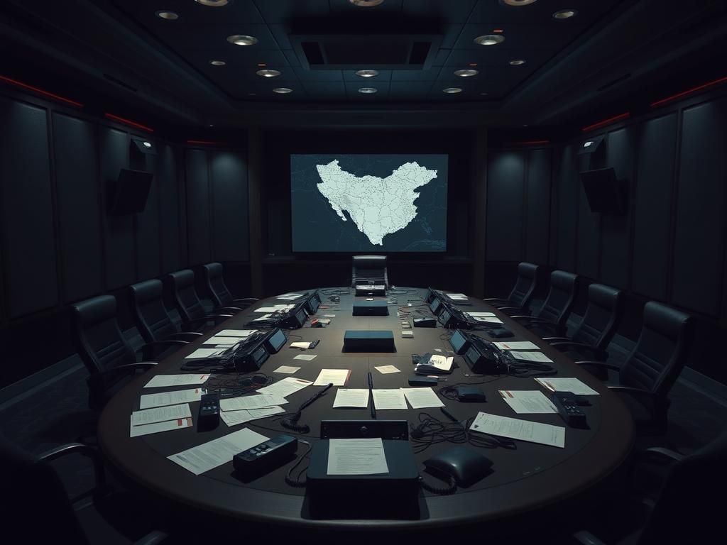 Flick International Dimly lit Situation Room featuring an oval table with communication devices and a map of Iran