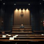 Flick International Dramatic courtroom scene depicting an ornate judge's bench and empty witness stands during Diddy's trial