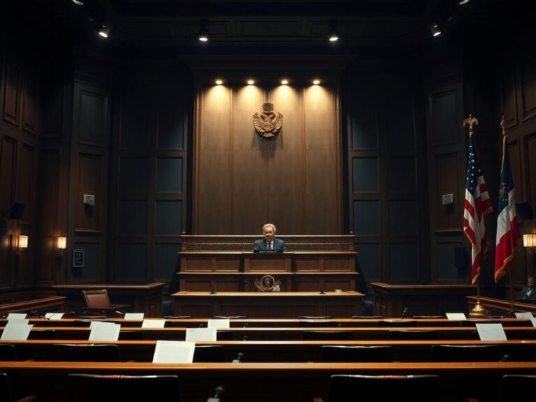 Flick International Dramatic courtroom scene depicting an ornate judge's bench and empty witness stands during Diddy's trial