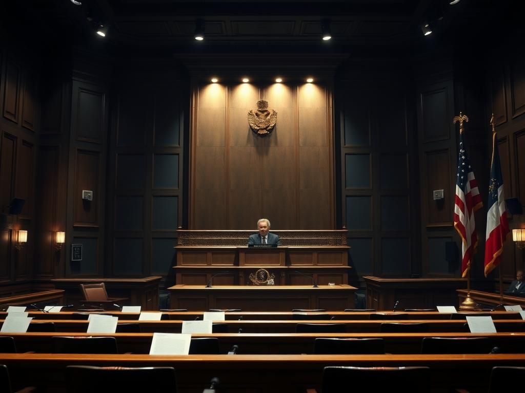 Flick International Dramatic courtroom scene depicting an ornate judge's bench and empty witness stands during Diddy's trial