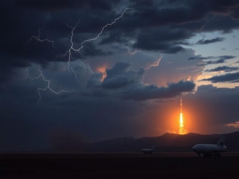 Flick International A dramatic Iranian desert landscape at dusk featuring a nuclear facility silhouette