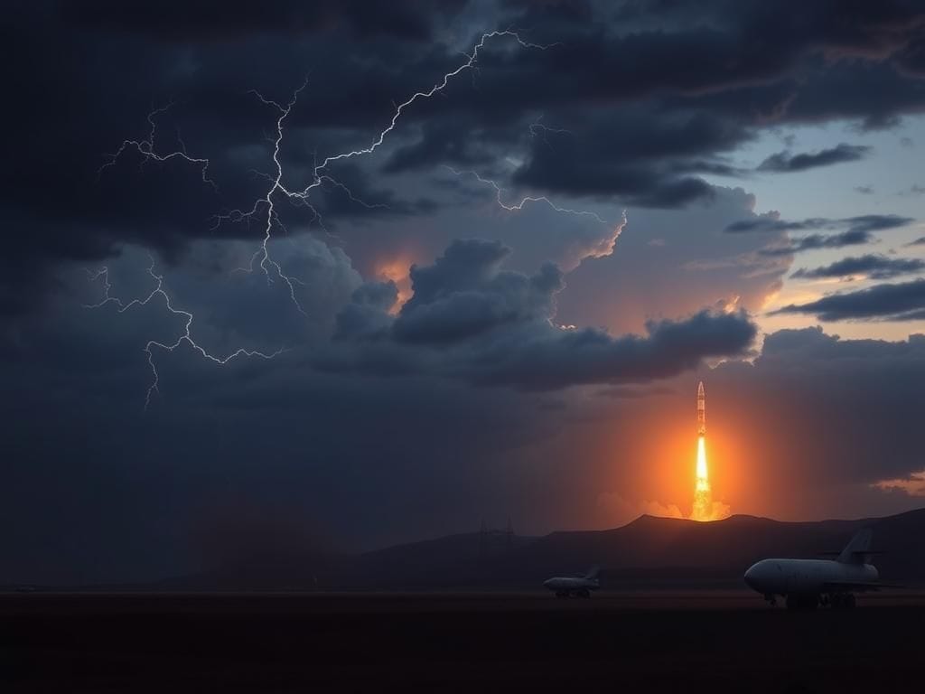 Flick International A dramatic Iranian desert landscape at dusk featuring a nuclear facility silhouette