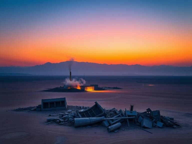 Flick International Aerial view of an Iranian nuclear facility in a desolate desert landscape after an airstrike