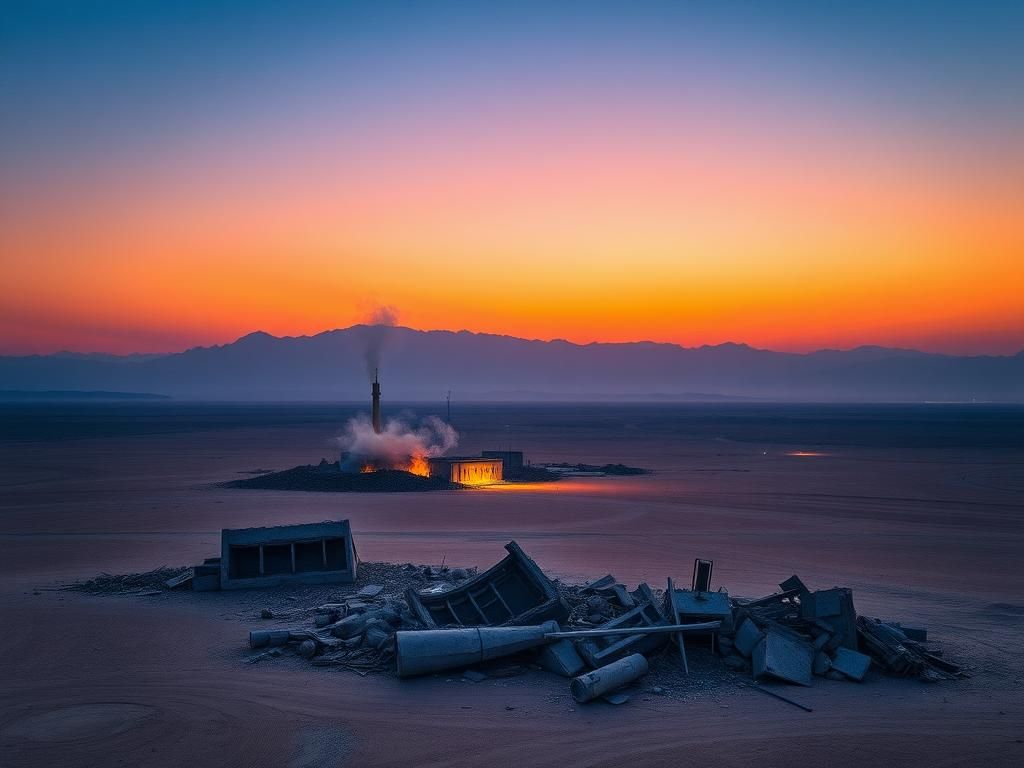 Flick International Aerial view of an Iranian nuclear facility in a desolate desert landscape after an airstrike