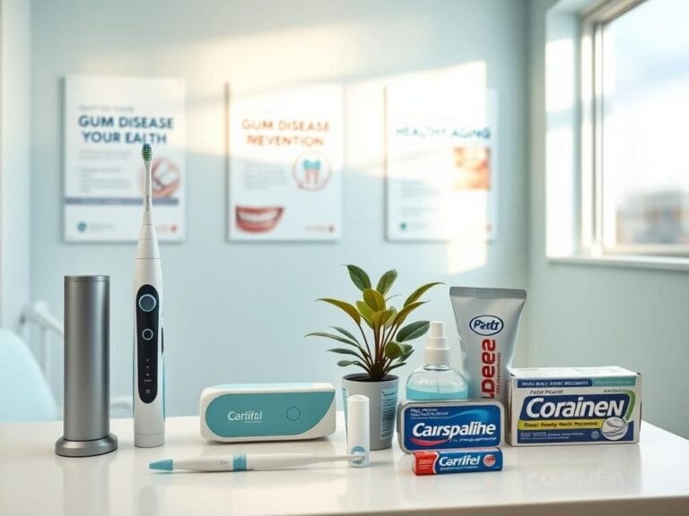 Flick International A serene dental office setting showcasing dental hygiene tools and products for seniors.