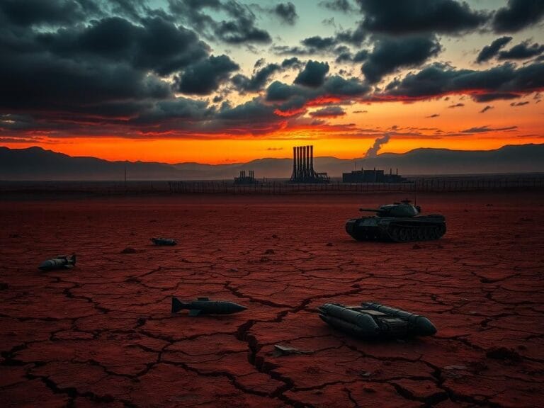 Flick International Dramatic landscape of a desolate Iranian desert under a dusk sky with dark clouds and remnants of military hardware