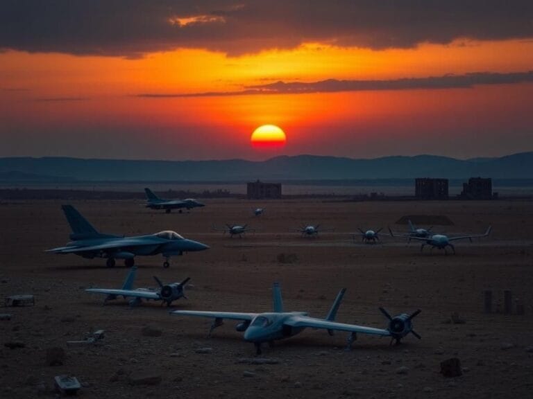 Flick International Dramatic sunset over a barren desert landscape with military equipment symbolizing tension