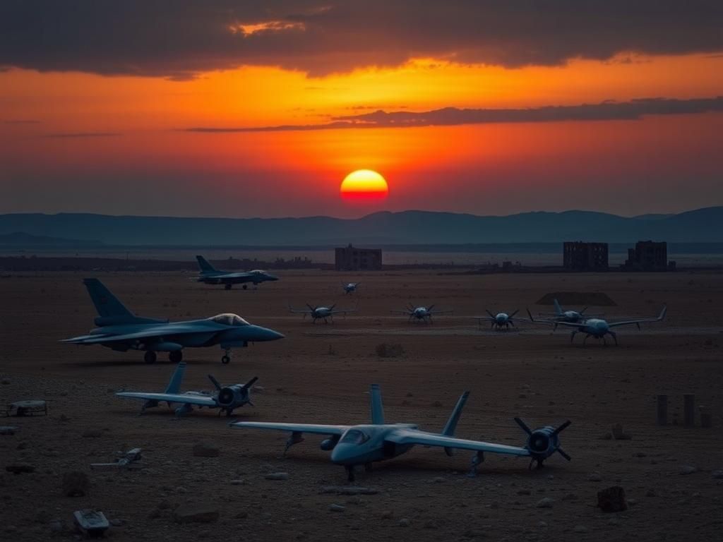 Flick International Dramatic sunset over a barren desert landscape with military equipment symbolizing tension