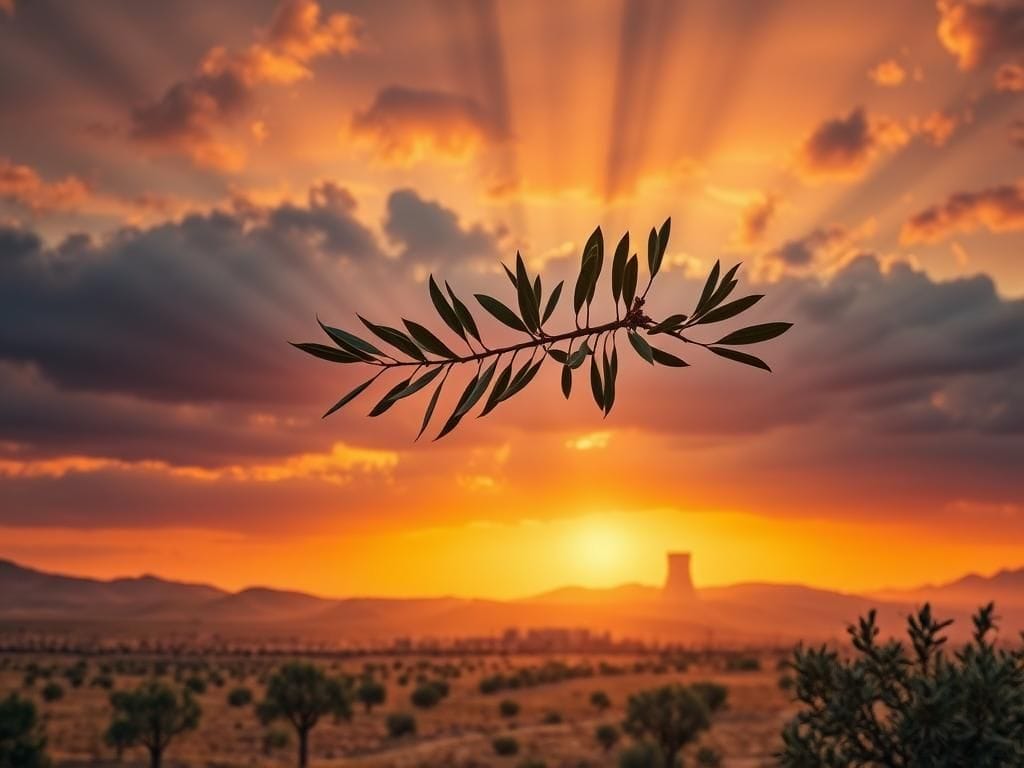 Flick International Aerial view of an olive branch symbolizing peace over a desert landscape with military and nuclear elements