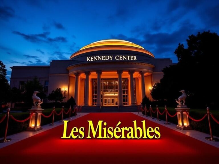 Flick International Grand exterior view of the Kennedy Center with a vibrant red carpet at twilight