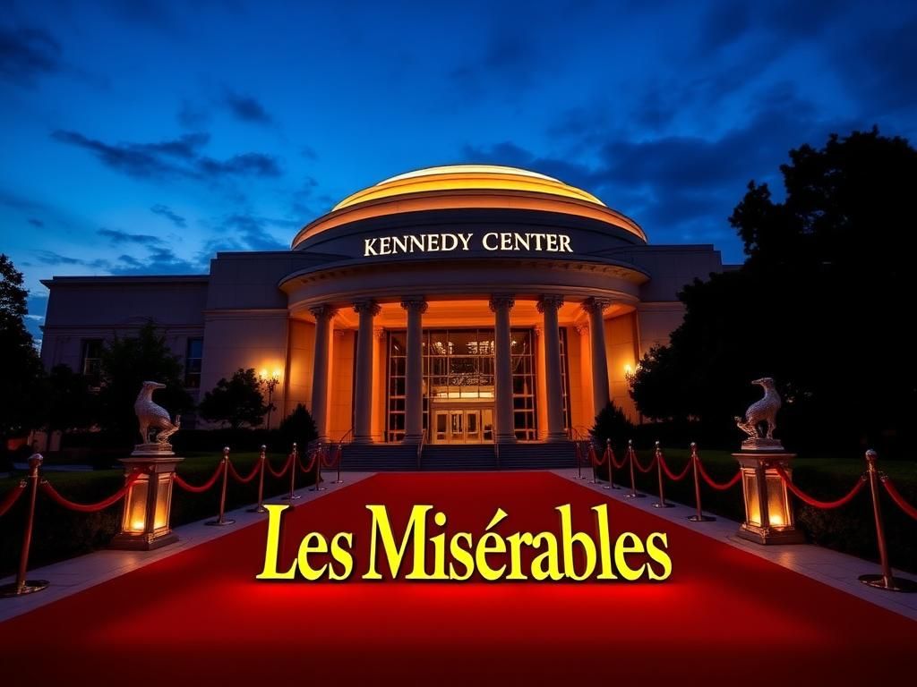 Flick International Grand exterior view of the Kennedy Center with a vibrant red carpet at twilight