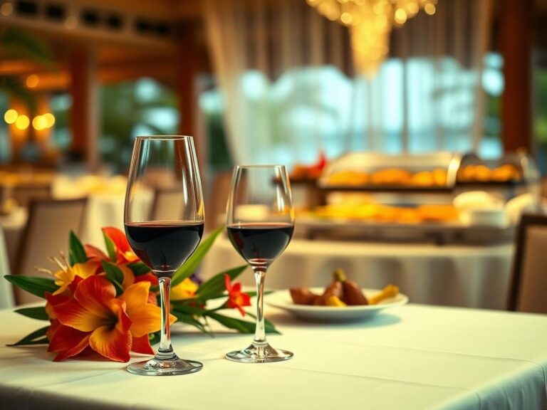 Flick International Elegant dining table with a glass of red wine and tropical decor