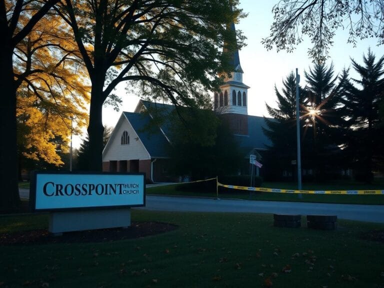 Flick International Exterior view of Crosspointe Church in Wayne, Michigan, with a police barricade